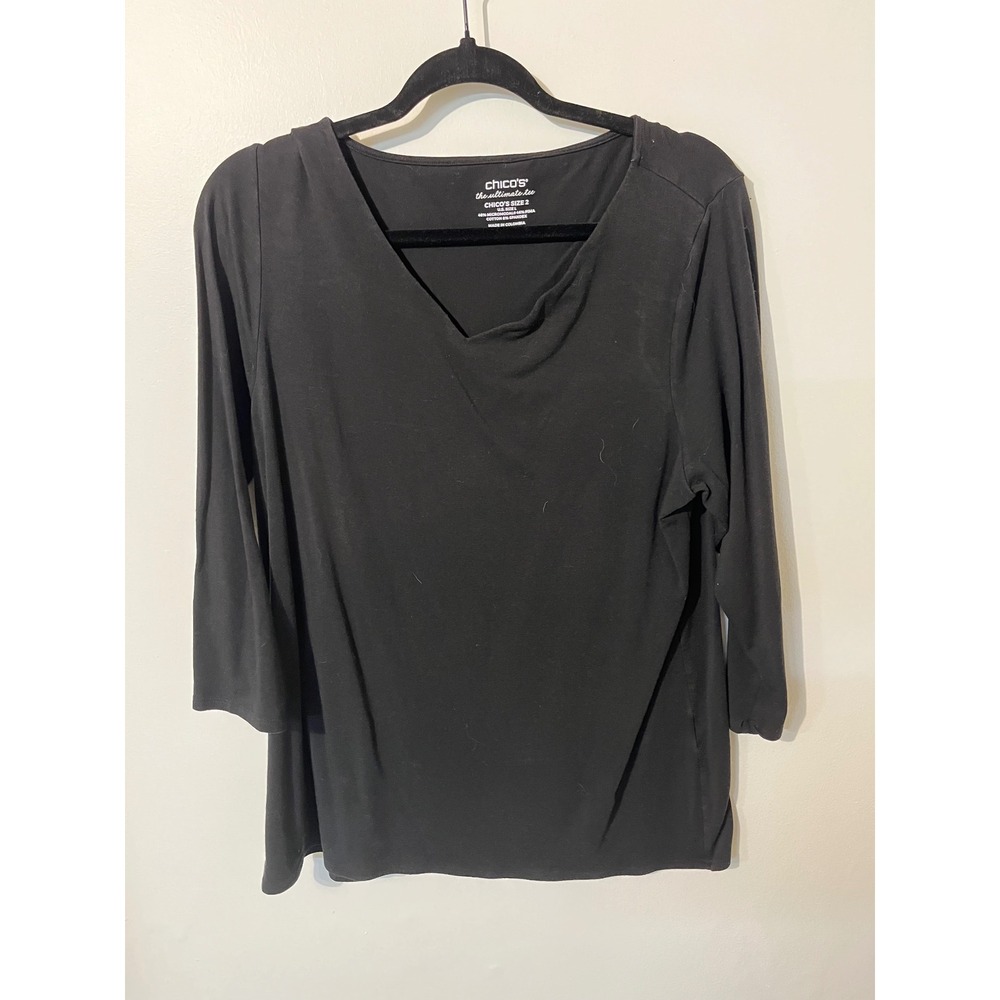 Chico's The Ultimate Tee Black V-Neck 3/4 Sleeve Pima Cotton Modal Top Size 2 L